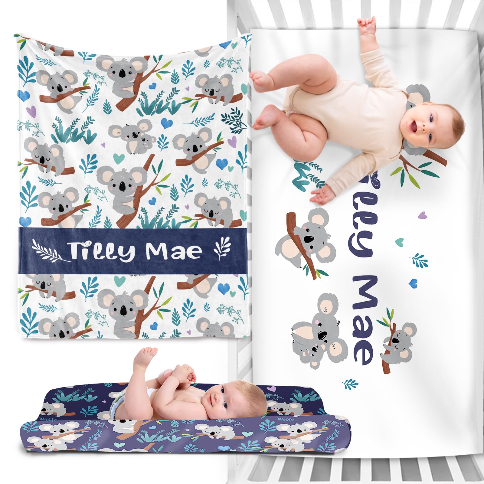 Custom Baby Crib Bedding Set - Comfortable 3 Piece Nursery Crib Set Cartoon Animals Design - Comfortable Personalized Name Blanket, Crib Sheet, Changing Pad Cover for Newborns Boys Girls Style I