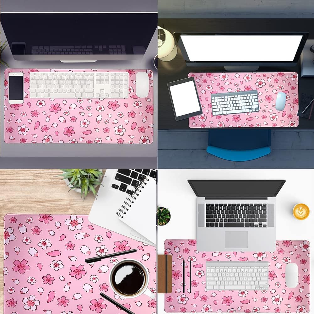 Cute Pink Cherry Blossom Large Gaming Mouse Pad, Japanese Keyboard Desk Pad Big Mousepad with Stitched Edges, and Non-Slip Rubber Base Desk Mat for Office Decor (31.5''X15.7''X1.57'')