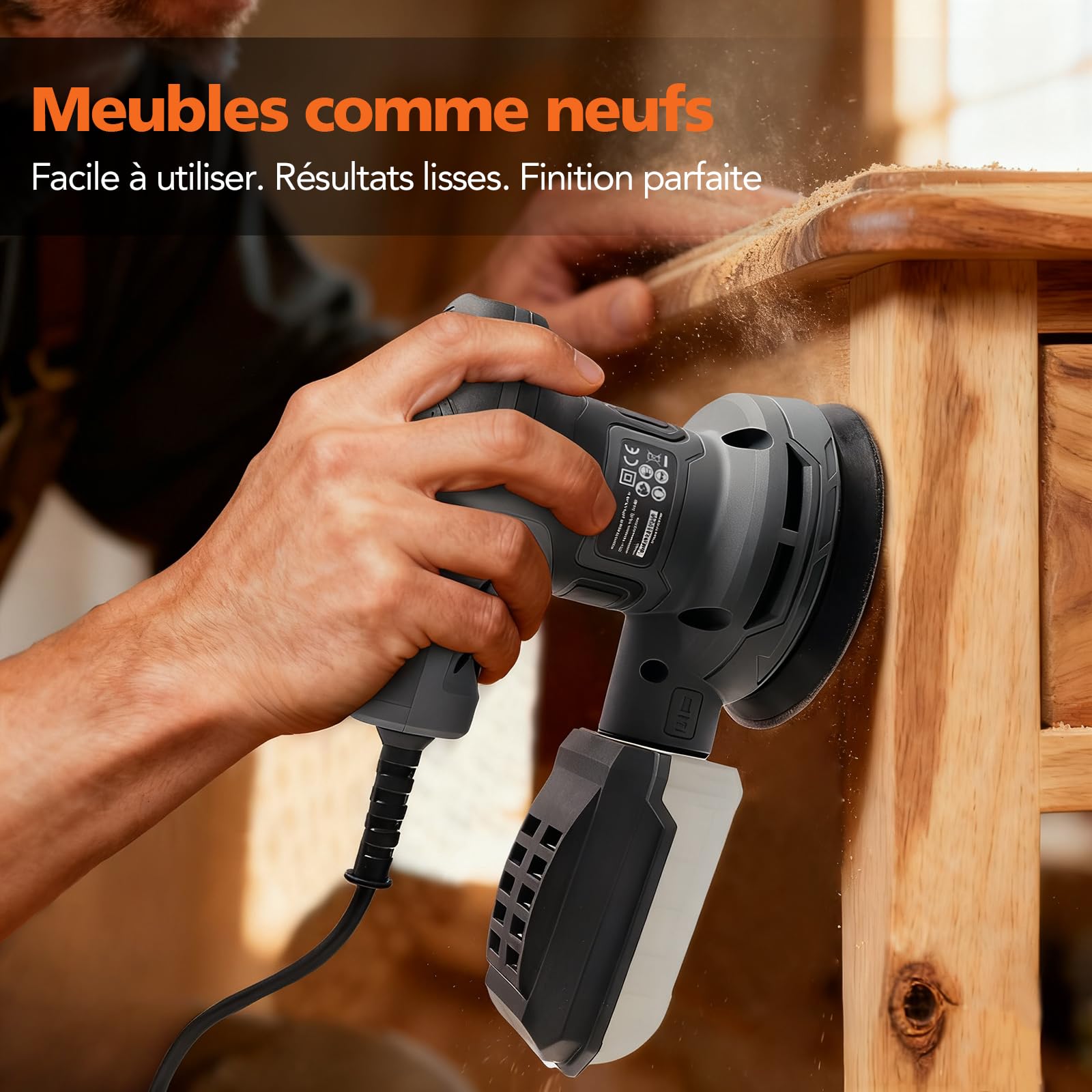 Ponceuse Orbitale Excentrique 320W, 6 Vitesses Réglables (8000–13000 tr/min), Plateau de Ponçage 125mm, 16 Disques Abrasifs, Ponceuse Électrique pour Bois et Métal avec Câble 3m