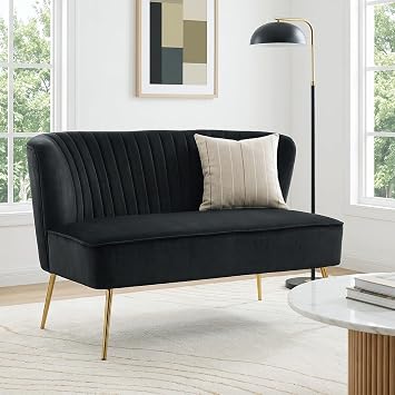 Modern Velvet Loveseat Sofa with Golden Metal Legs, 47" W Upholstered Loveseat Couch 2-Seat Sofa Armless Love Seat for Living Room, Bedroom, Apartment Small Spaces, Black