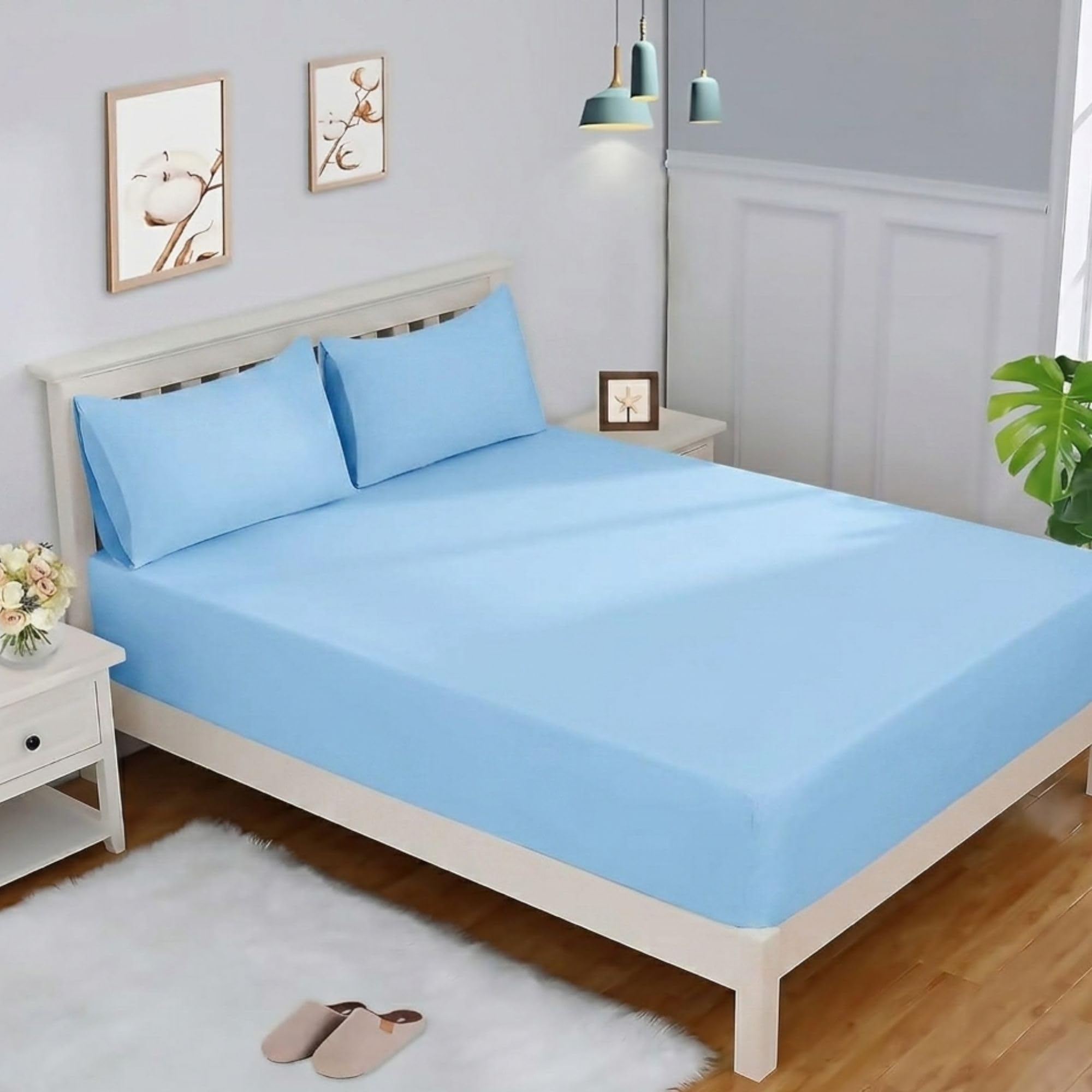 Reliancebedding 3PC 40cm Deep Fitted Sheet Set With Pillow cases 2 Pack 100% Egyptian Cotton 400 Thread Count Bed Fitted Sheet Set, Soft & Breathable Bedsheets (Sky-Blue, Single)