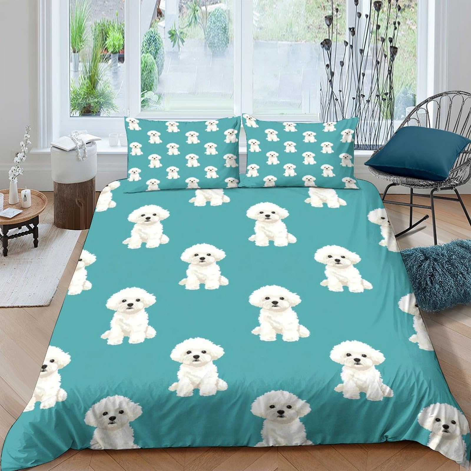 Ctjqhvkz Style-3 3D Printed White Poodle Fitted Sheet Microfiber Turquoise Dog Bed Cover Anti-Slip Easy Care For Bedroom Guest Room Single（135X200cm）