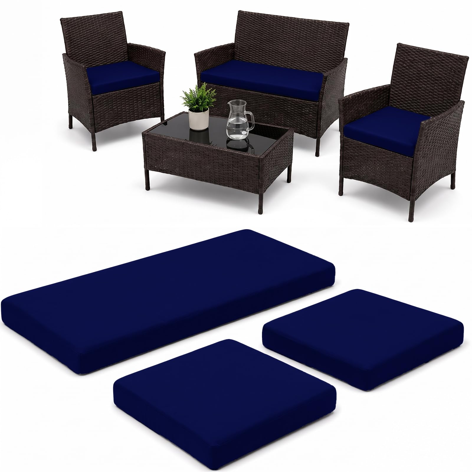 iSTYLE MODE BETTER HOME CHOICE 3 Pieces Replacement Cushions Set For Rattan Chairs Sofa Patio Garden Outdoor Furniture Water Resistant Patio Padding Lightweight and Durable (Navy)