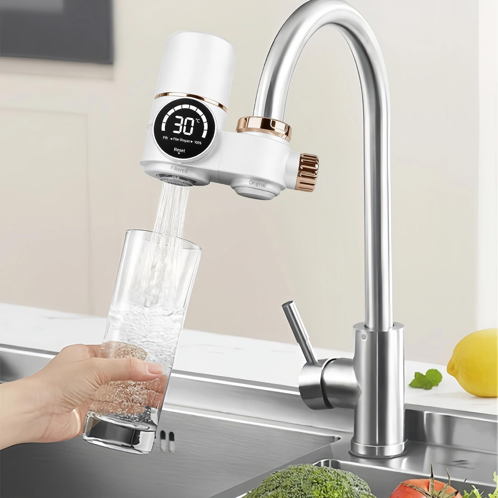 Filtre à eau pour robinet avec affichage LED - Filtre à eau potable - Élimine le chlore, les métaux lourds - Stérilisation UV - Pour la cuisine, les voyages, les animaux domestiques - Blanc