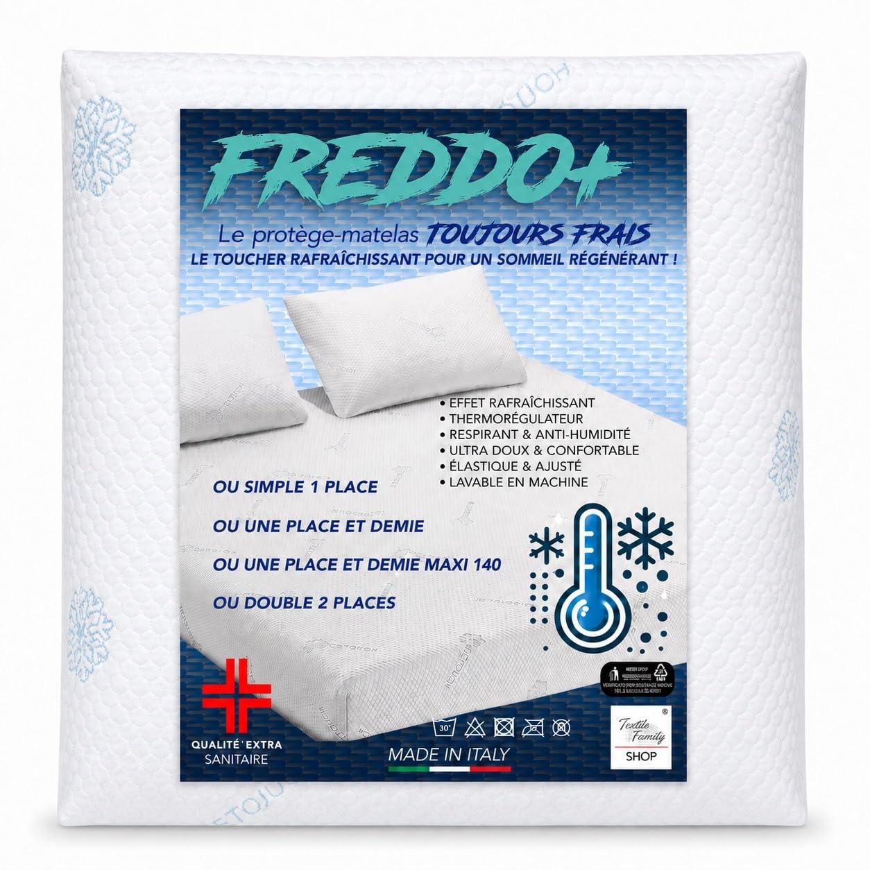 Tex family Surmatelas rafraîchissant Froid + Ice-Touch, pour l'été, thermorégulateur, Respirant, Anti-humidité, Doux, élastique, 2 Places - 175x200 cm H25