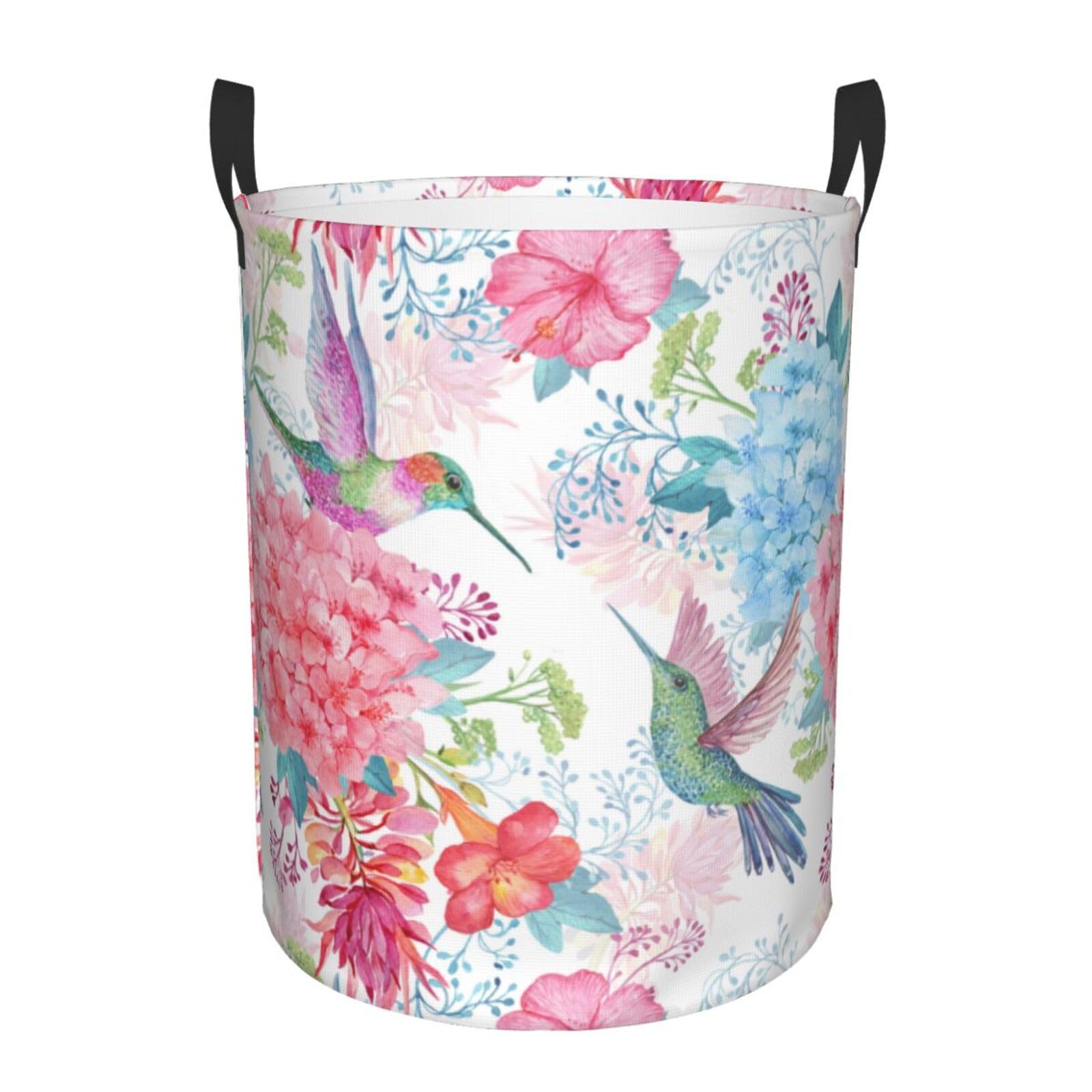 Laundry Basket Flowers and Hummingbirds Laundry Hamper Waterproof Idea Hampers Large Collapsible Baskets with Handle Suitable for Bedroom Bathroom Utility Room Kitchen