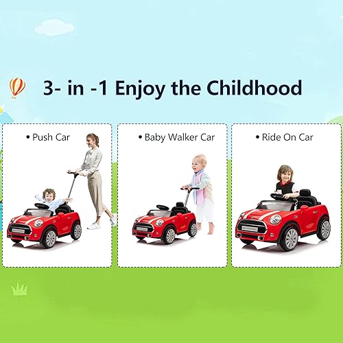 Miniatura 3 de Auto de empuje para niños, auto de paseo con licencia MINI Cooper con varilla de empuje ajustable, música de bocina, cinturón de seguridad, ruedas