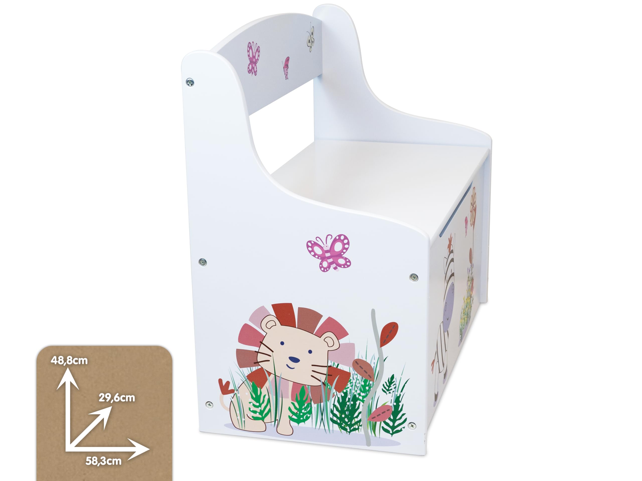 Teorema Giocattoli, Cassapanca Porta Giochi Bambini, Panca Contenitore 2 in 1 con Schienale, Baule in Legno con Coperchio di Sicurezza per Cameretta, Design Animali