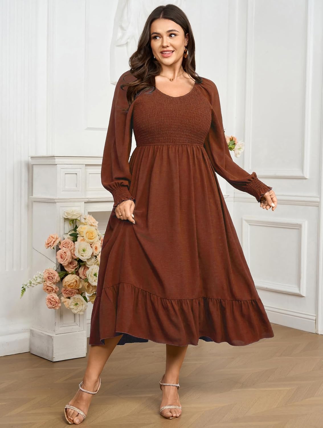 SCOMCHIC Women's Plus Size Maxi Dress Long Sleeve Square Neck Dress Casual Smocked Ruffle Swing Flowy Long Fall Dresses - Image 3