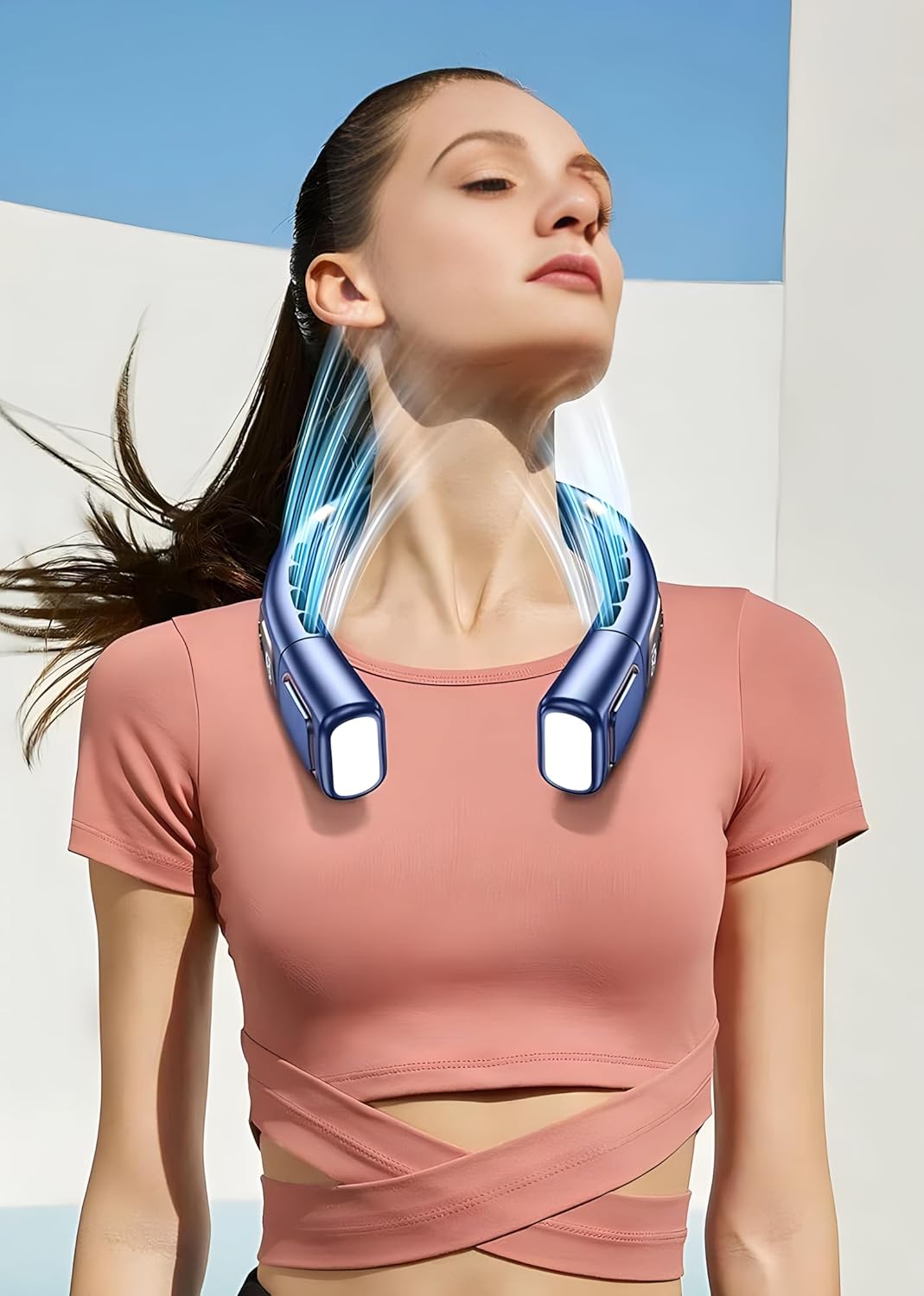 Hanging Neck Fan Digital Display with Colorful Atmosphere Light 4000mAh USB Rechargeable 5 Speeds Ventilador Bladeless Portable Neck Fan Air Cooler Personal Fans (Blue)