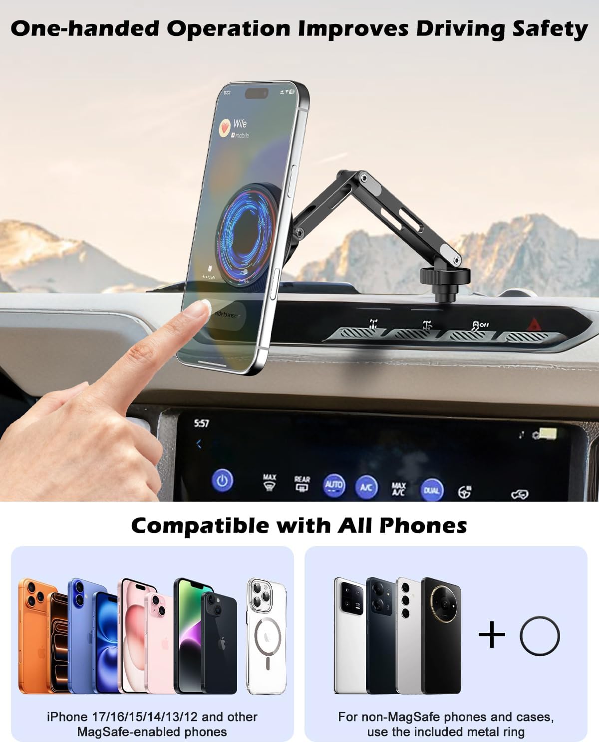 CloudValley Ford Bronco Phone Mount 2021-2025 2/4 Door, Magnetic Phone Holder with Aluminum Alloy, 360° Adjustable Off-Road Stable, No Drill No Damage Easy Install, Compatible with iPhone 17-12