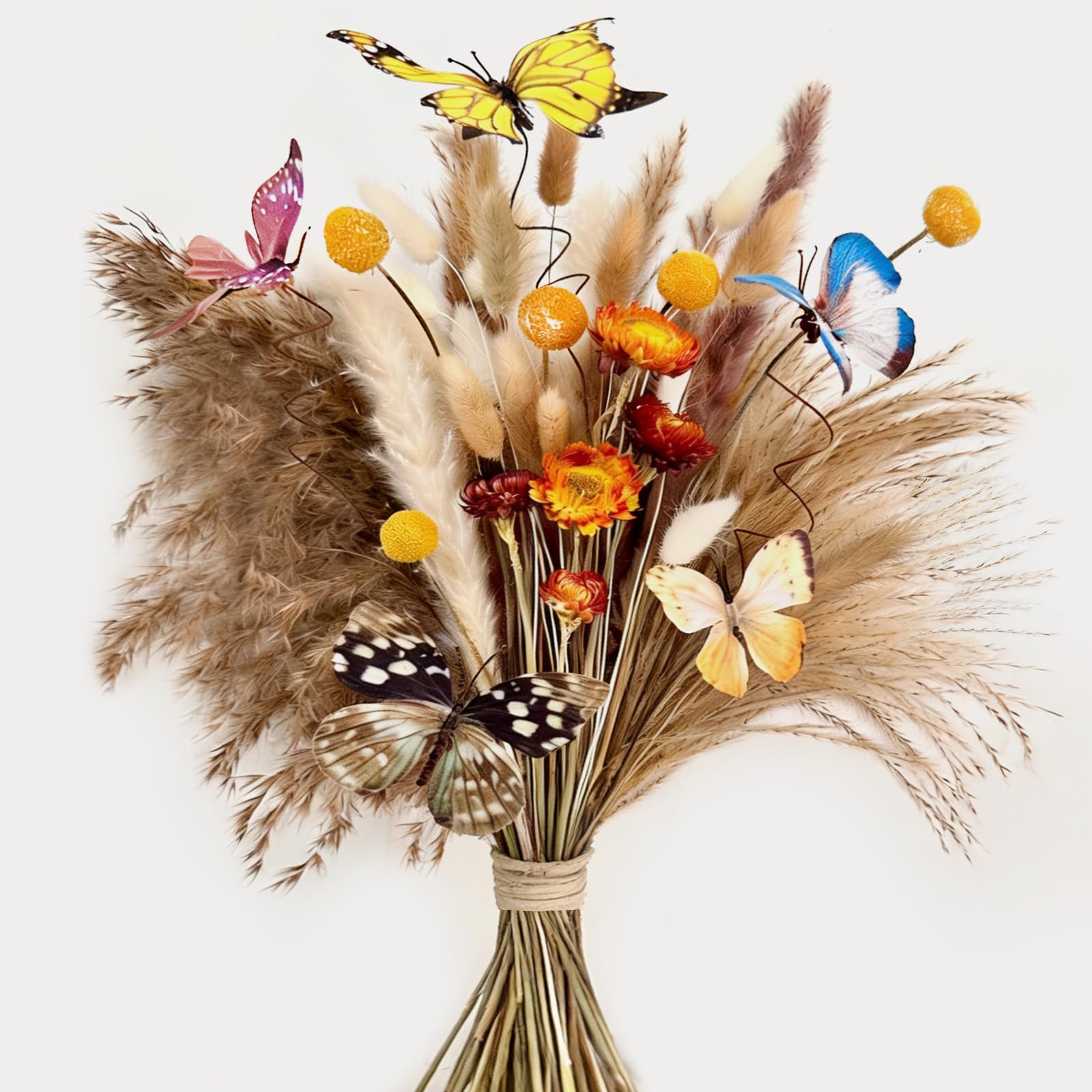 Trockenblumenstrauß: Pampasgras Boho-Dekor, westliches Blumenarrangement enthält Hasenschwanz, Schilfgras und Schmetterlinge für Zuhause, Vase, stimmungsvolles Büro, Hochzeit, Schlafzimmer