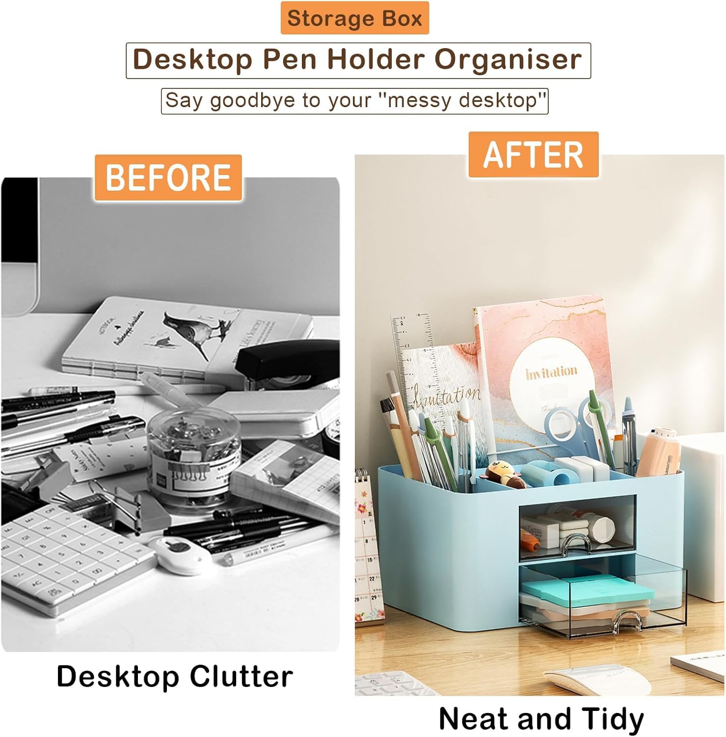 Zeinwap Organizer da scrivania multifunzione con 5 scomparti e 2 cassetti, per scrivania, articoli di cancelleria, cosmetici, penne, pinzette, foglietti adesivi, colore: blu