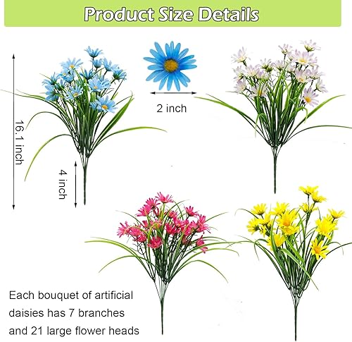 Miniatura 4 de FOUSUKA 4 paquetes de plantas artificiales de margaritas grandes, ramo de flores silvestres de seda sintética, para exteriores, resistente a los