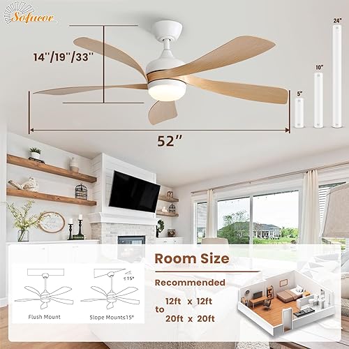 Miniatura 7 de Sofucor Ventiladores de techo inteligentes de 52 pulgadas con luces, ventilador de techo para interiores y exteriores con luz y control remoto,
