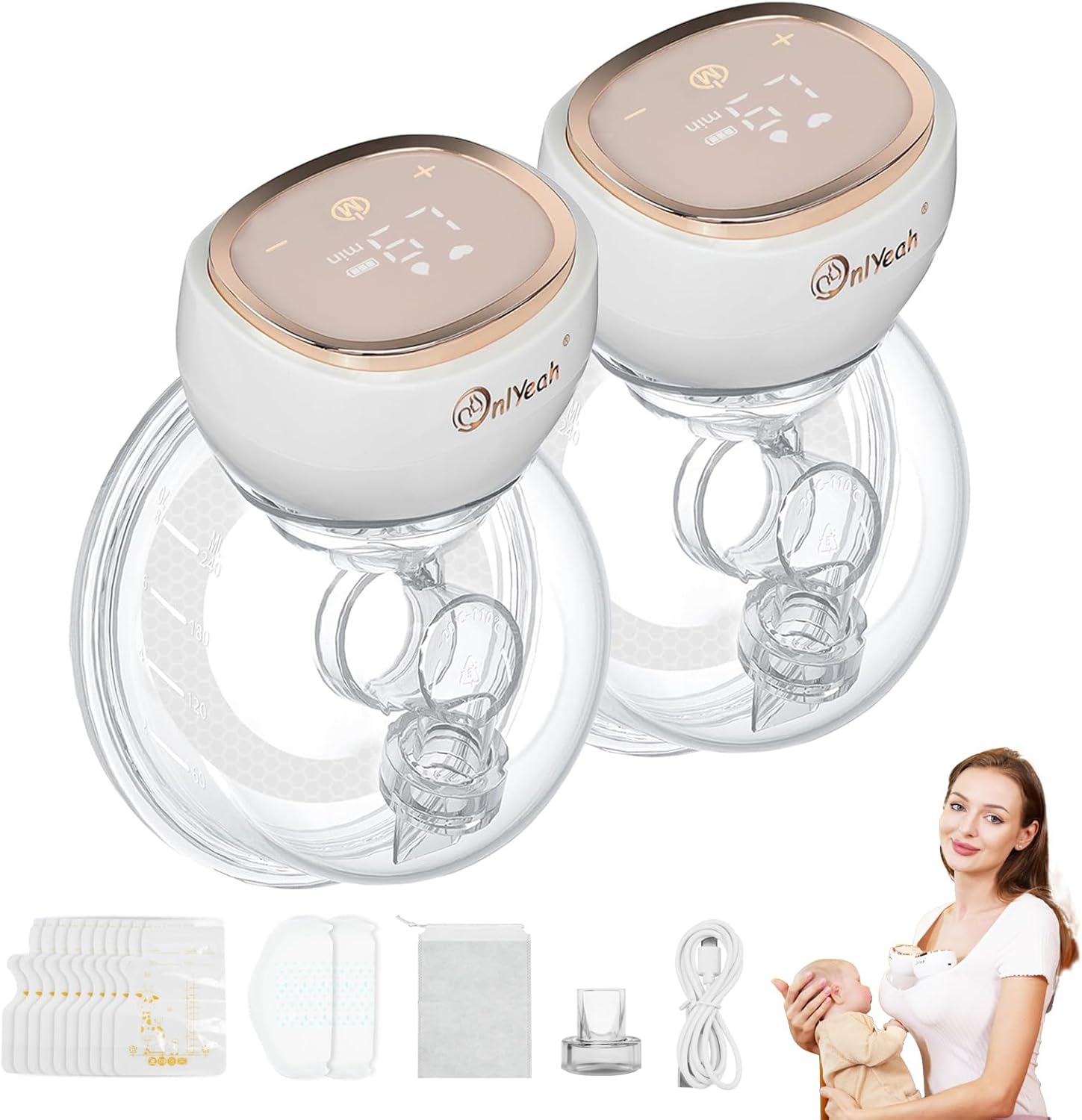 Hands Free Breast Pump, Wearable Breast Pump Portable Breast Pump Electric Breast Pump Hands Free,3 Modes-9 Levels Painless Low Noise Touch Screen Baby Pump with 1 Pack (2)