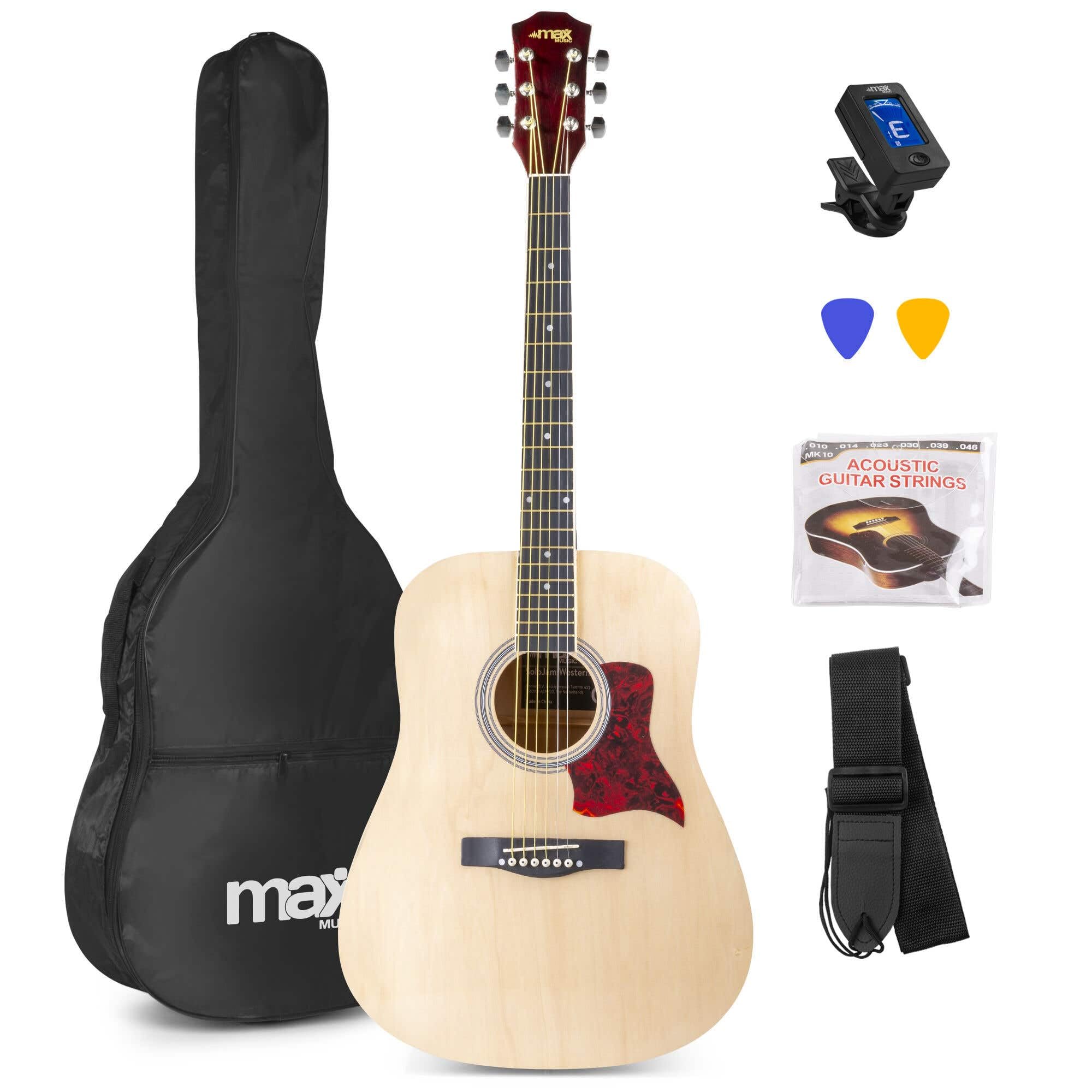Max SoloJam Guitare Acoustique Folk Adulte Débutant - Bois Clair, Cordes en Acier, Accordeur Digital, Sac de Transport, Médiators, un Jeu de Cordes et une Sangle, Pack Idéal pour Musiciens Débutants