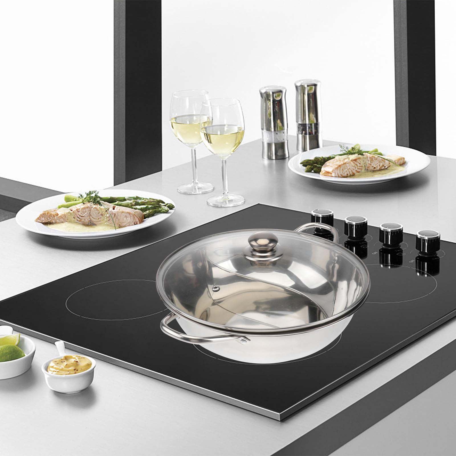SHINEOFI Multifunktionaler Großer Griff aus Edelstahl Warmhaltetopf mit Trennwand Induktionsgeeignet für Familien und Freundespartys