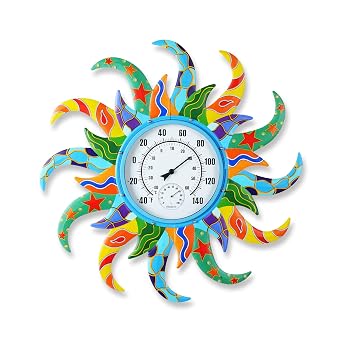 Large Blue Sun Outdoor Thermometer & Hygrometer Combo, 25 Indoor Outdoor Wall-Mounted Thermometer Gauge, Decorative Indoor Outside Temperature Thermometer for Patio, Garden, Living Room,Kitchen