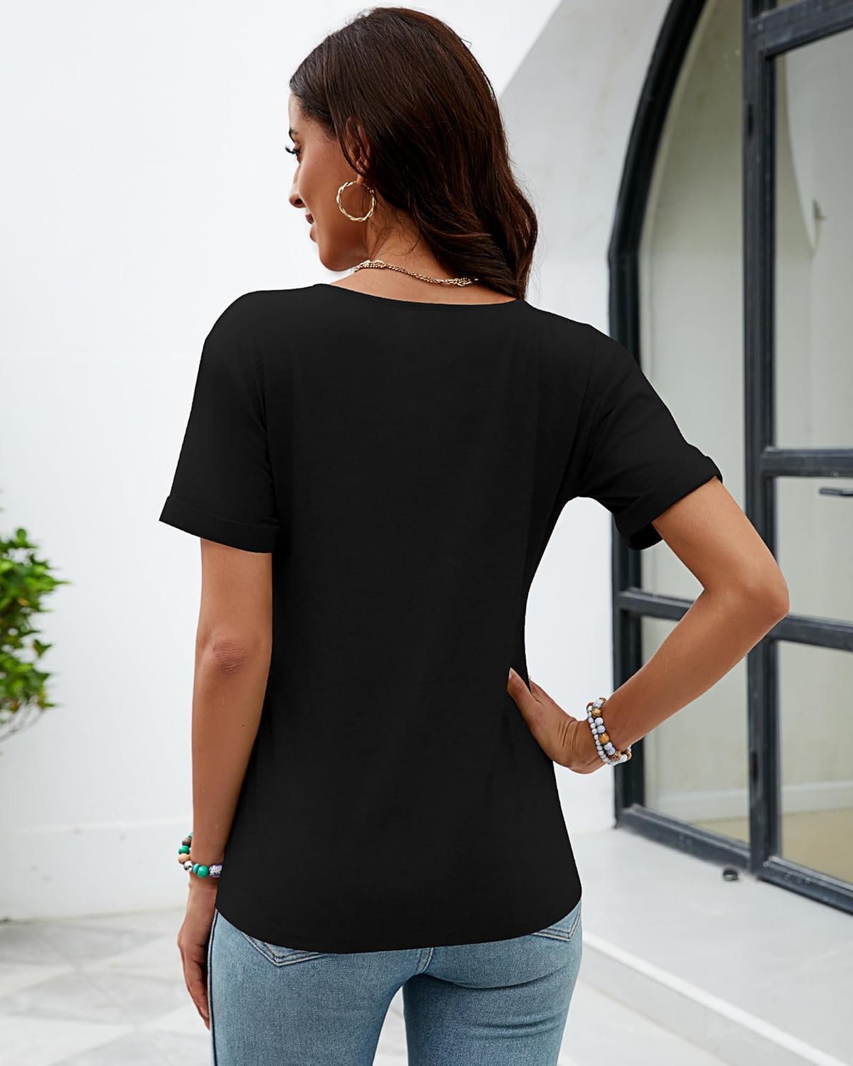 Riyiper 2 Pcs Women's Tops, Deep V Neck Short Sleeve Tops Casual Solid Loose T Shirt Summer Tees for Women - Image 4