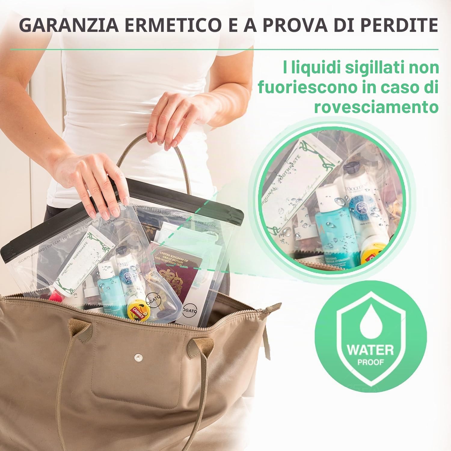 Ogato 3 Buste per per Liquidi e Cosmetici Aereo – Trasparenti, Approvate TSA - da 1 L da Viaggio - Conforme alla Regola 3-1-1