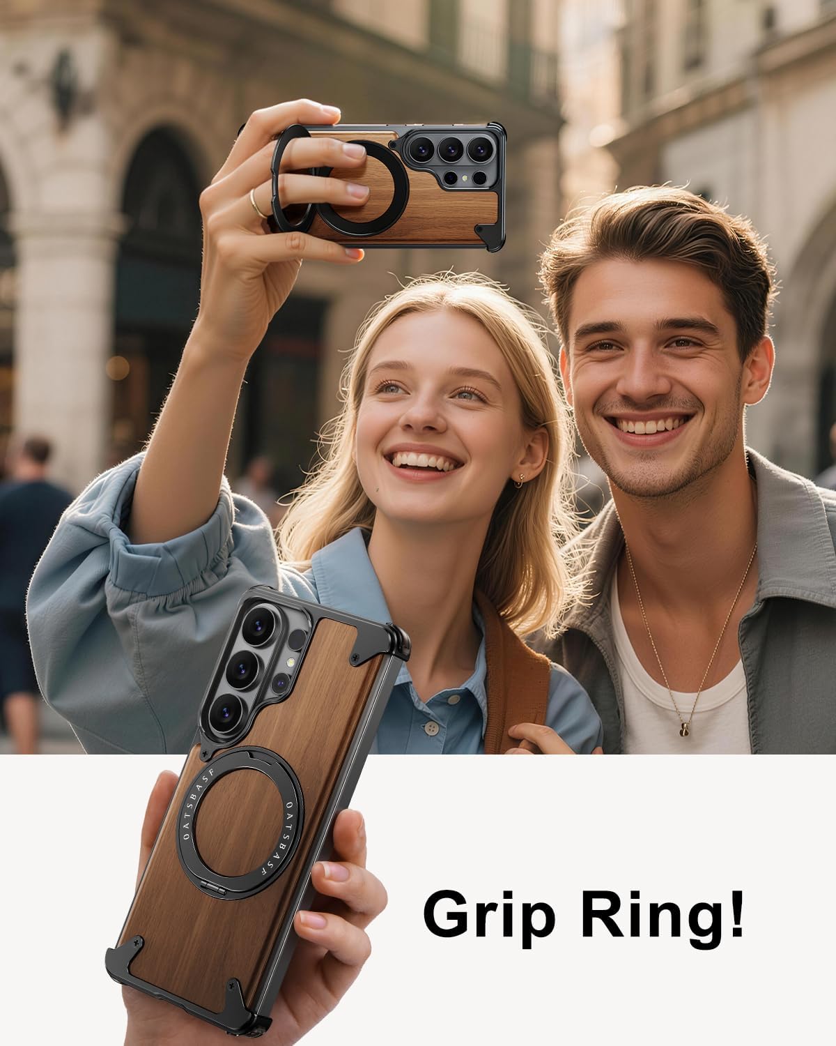 OATSBASF Magnetic Wood Case Compatible with Samsung Galaxy S26 Ultra, [Natural Wood & Aluminum] Shockproof Protective Cover Unique Wooden Case with 360° Ring Stand, Black