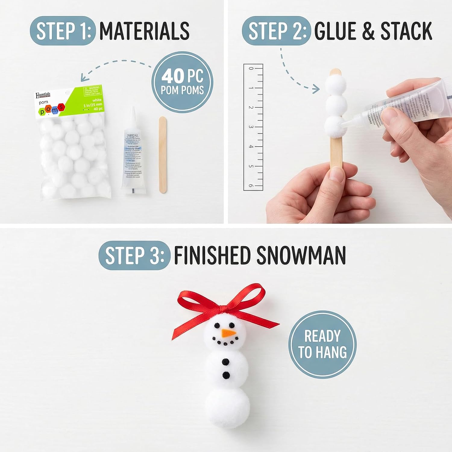 Essentials by Leisure Arts Pom Poms 1 Inch White 40 Piece, Medium Craft Pom Poms for Holiday Ornaments Stuffed Animals Wreaths and DIY Decor Projects, Not for Young Children