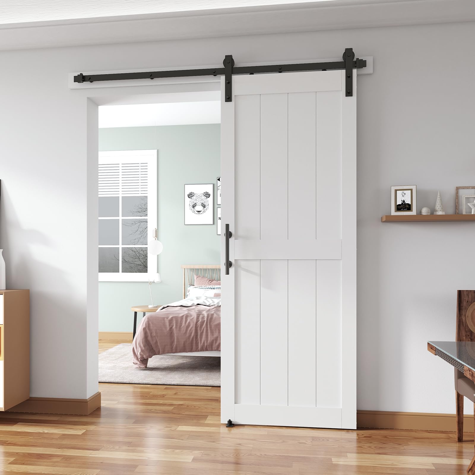 32''x96'' Sliding Barn Door with 6 Ft Barn Door Hardware Kit& Handle& Floor Guides,Pre-Drilled Holes Easy Assembly - Include Installation Manual, Water-Proof PVC Surface, H-Frame, White