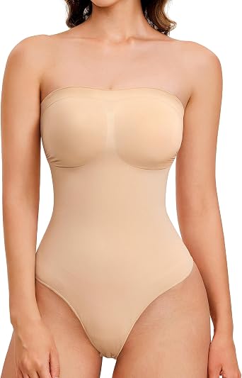 Strapless Thong Bodysuit for Women Seamless Tummy Control Shapewear Body Shaper -Removable Strap Tube Top Leotard