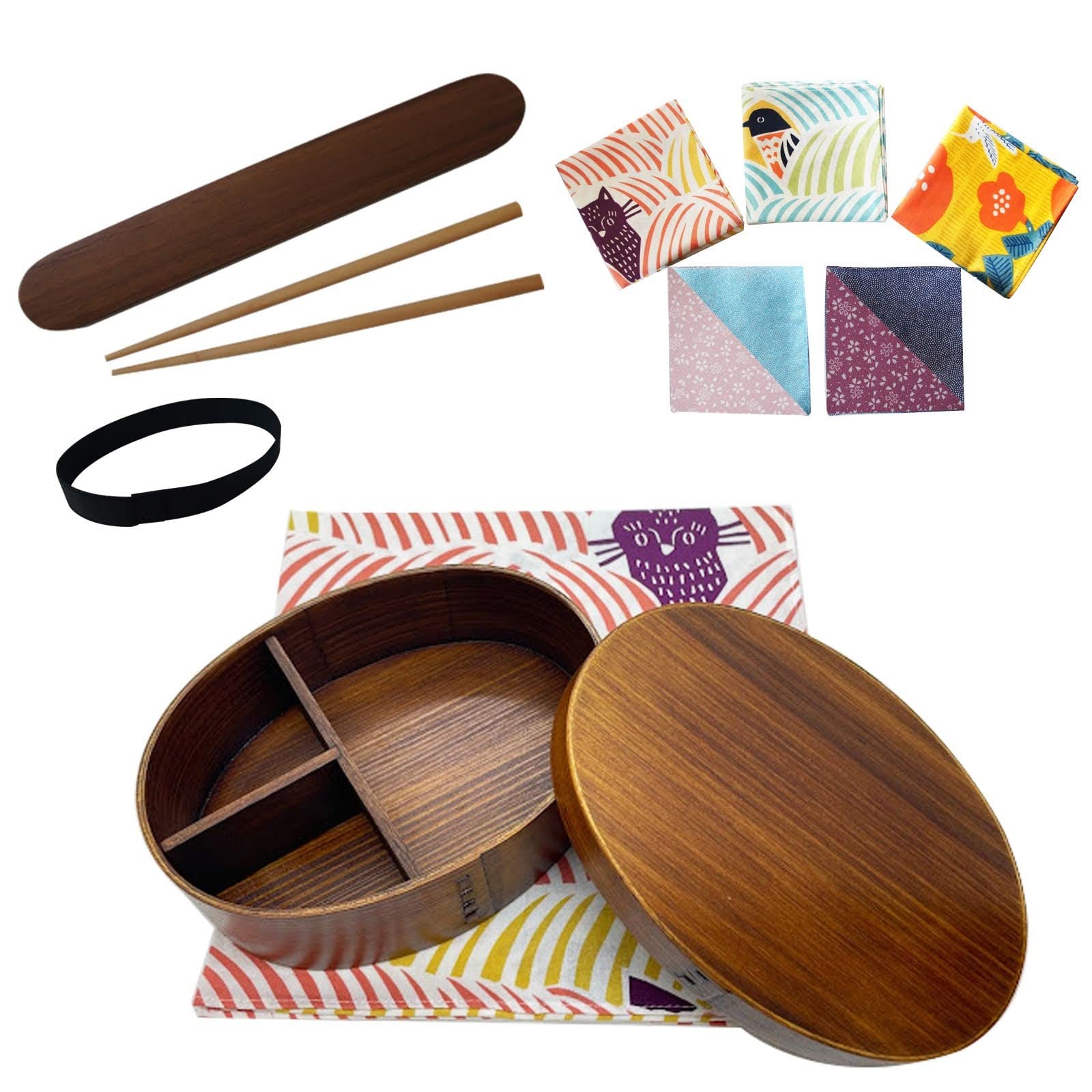 Magewappa Bento Box Brown Wood 5pc Set Cat Pink Furoshiki 23oz Japan