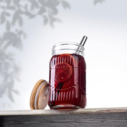 Miniatura 7 de Amzcku Tarros de vidrio vintage de 32 onzas con tapas de bambú y pajitas de acero inoxidable, tarro de conservas de boca ancha, reutilizable de 32
