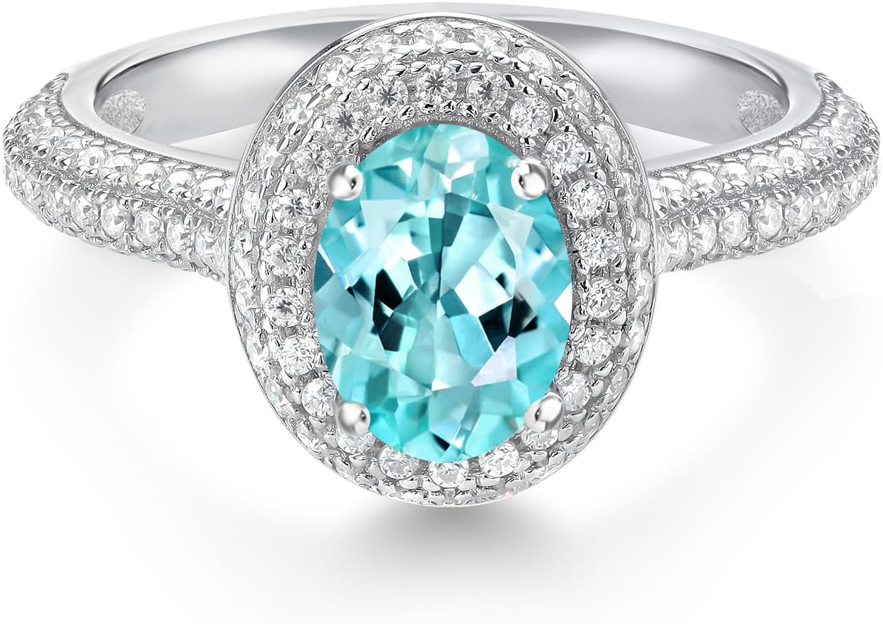 Gem Stone King 8X6MM Oval Gemstone Birthstone and White Moissanite Halo Engagement Ring | 925 Sterling Silver | Wedding Anniversary Promise Ring For Women | Available In Size 5, 6, 7, 8, 9