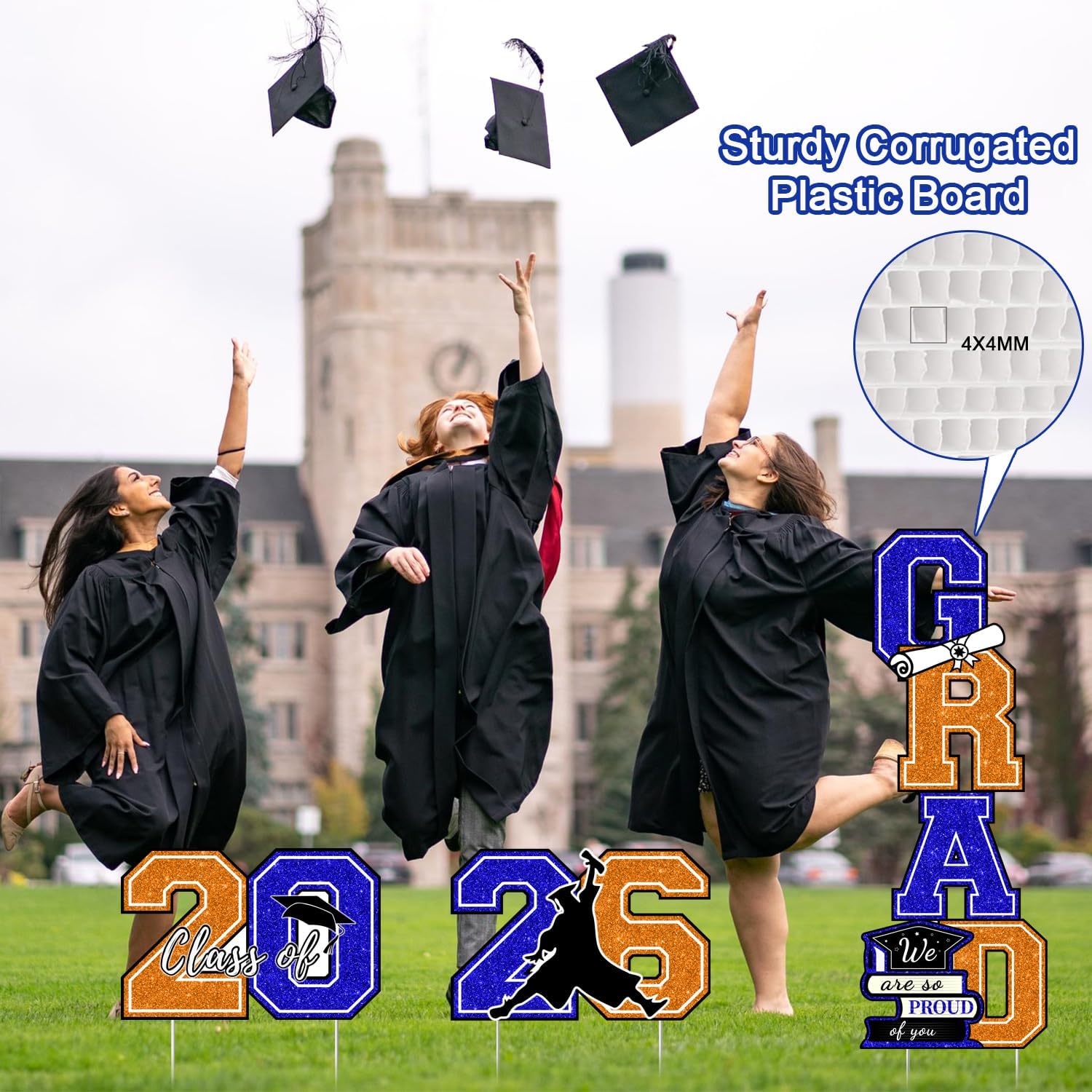 Graduation Yard Signs Class of 2026 Orange and Blue Graduation Decorations - 4 PCS Large Size Glittering Congrats Grad Outdoor Lawn Decor with Stakes - College High School Party Supplies