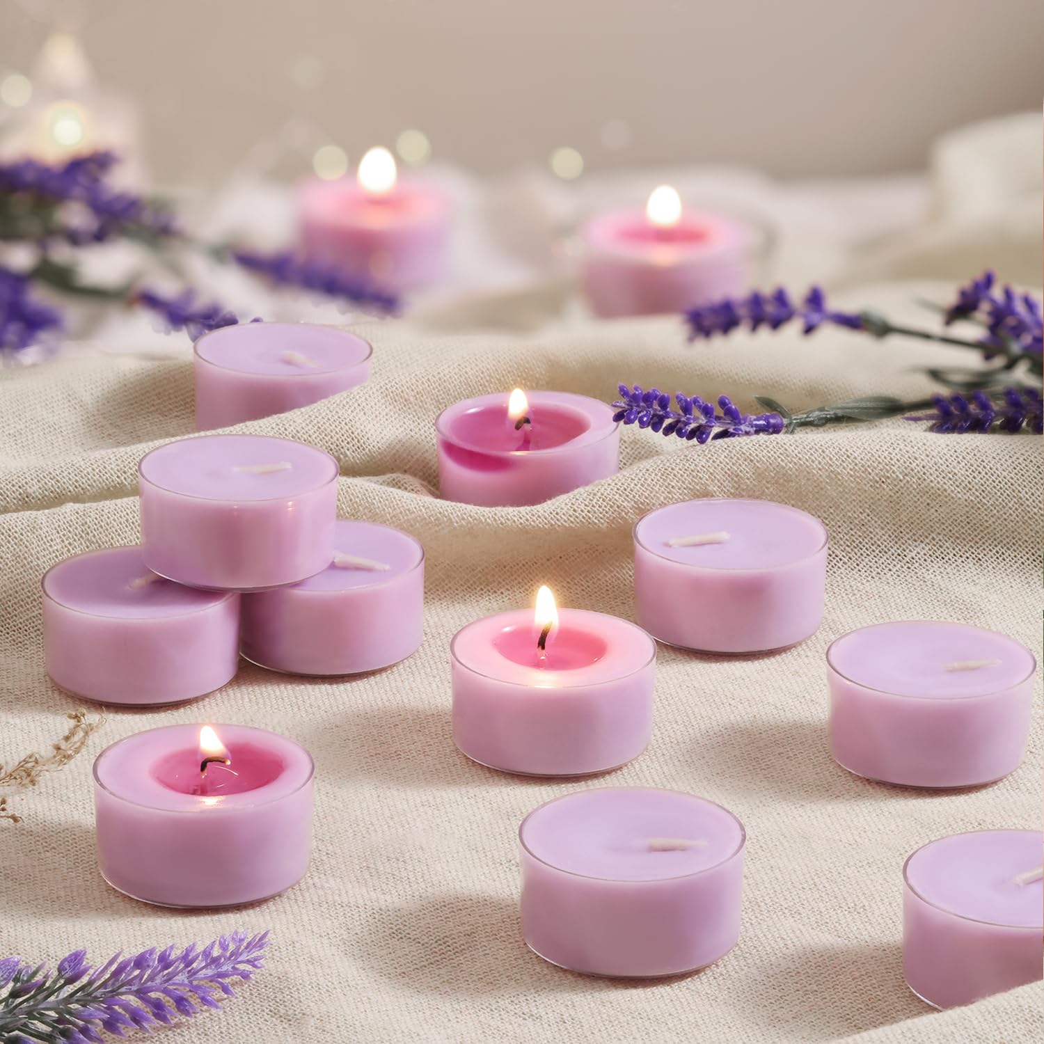 Zapachowe świece herbaciane, lawendowy zmierzch, 48 sztuk – fioletowe świece tealight – 100% wosk palmowy, 6-godzinna aromaterapia, świeczka wotywna do relaksu, spa, jogi, dekoracji domu