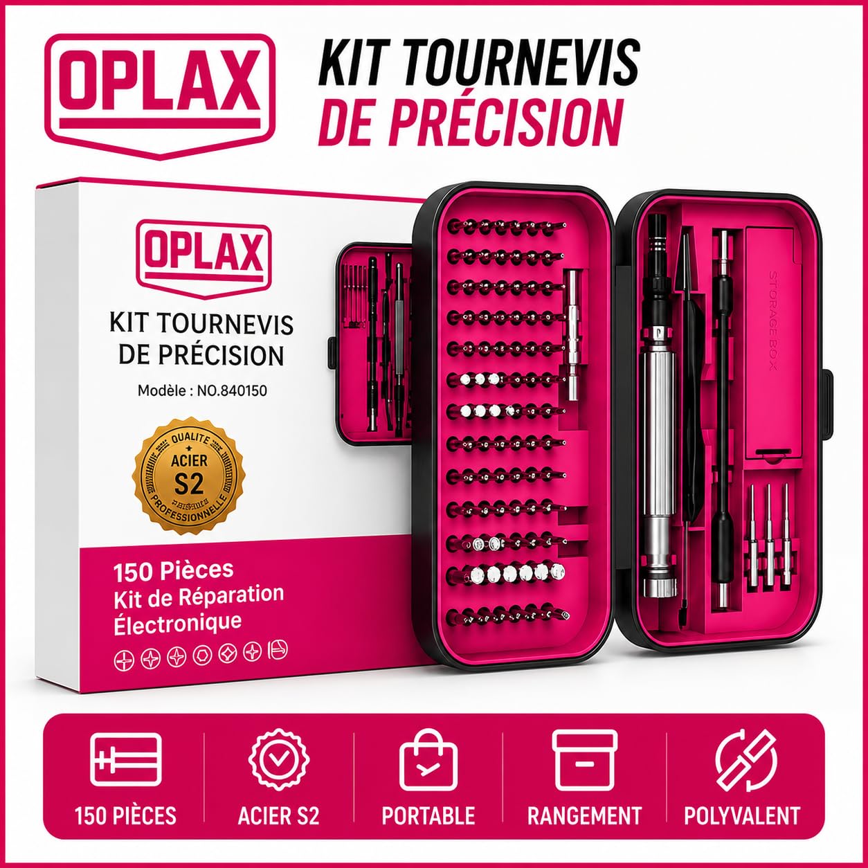 OPLAX Kit Tournevis de Précision 150 en 1 Rose | Kit Réparation Électronique, Magnétique, Embouts Professionnels