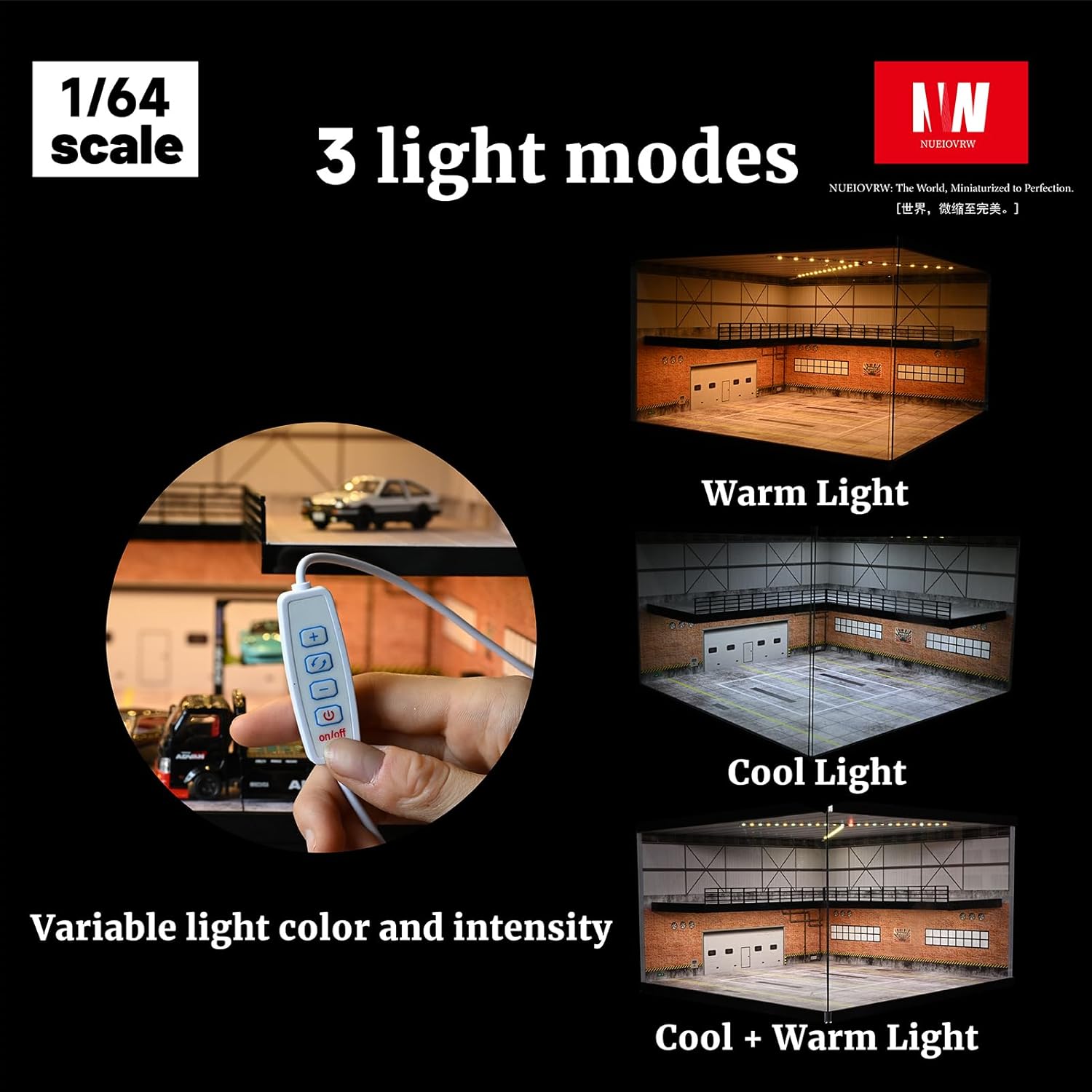1/64 Model Car Display Case,Fits for 1/64 Hot Wheels Diecast Model Car,Diorama Double Decker Car Showroom Garage Model with Dimmable LED Lighting City Car Parking Lot Scene Model Collection (C)