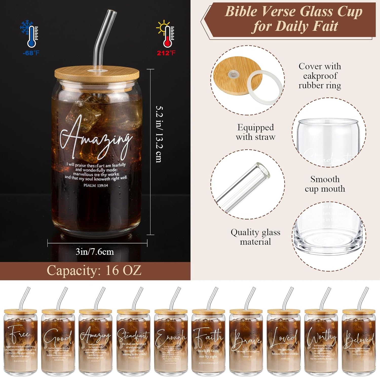 AmazingSpark Mothers Day Christian Gift Bulk for Women Men 16 Oz Glass Cups with Lid Straw Bible Notebook Leather Prayer Journal with Pen Religious Gift for Church Member(Bible Words,5 Colors,30 Pcs)