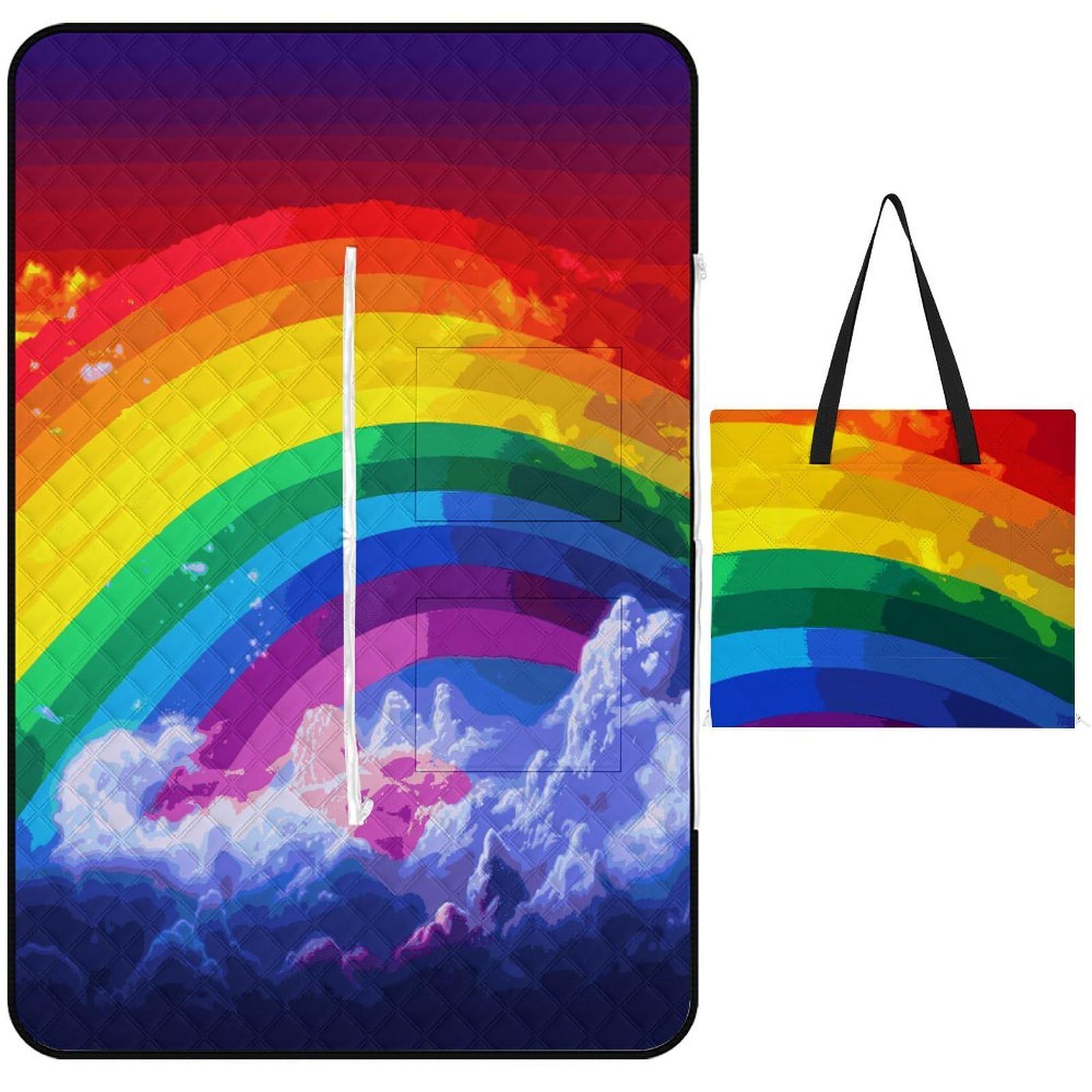 VstaDank Rainbow Picnic Mat 150x100cm Extra Large Picnic Blanket with Zipper Waterproof Sandproof Beach Blanket Portable Beach Mat Foldable Camping Blankets for Park Grass Lawn Travel