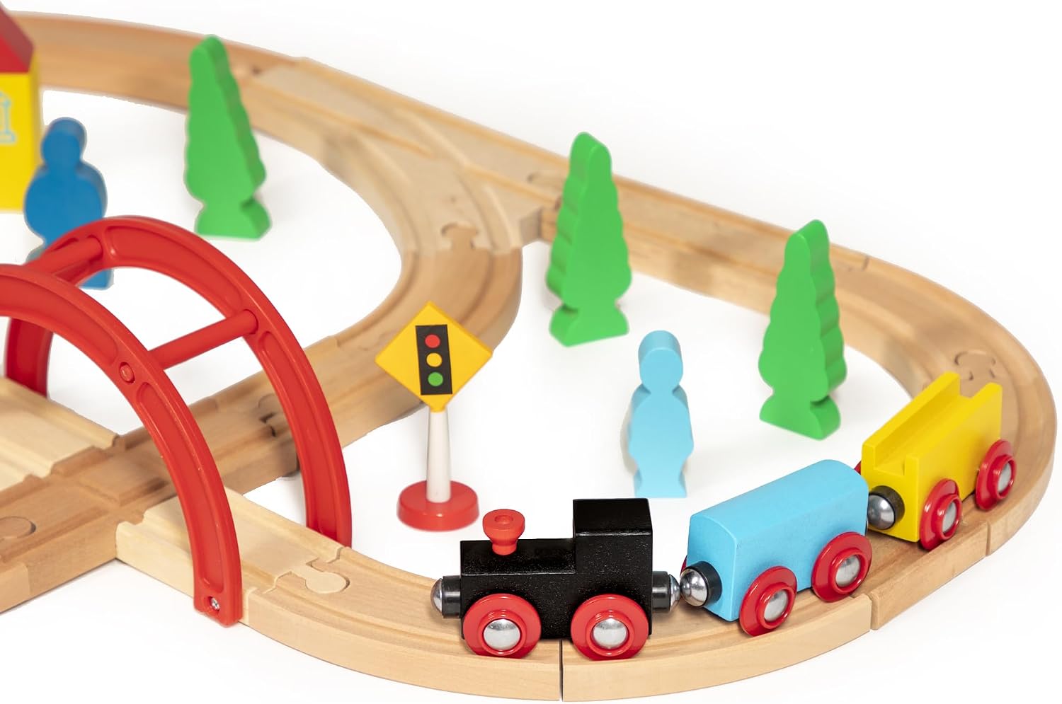 maxim enterprise, inc. 40 Pc Wooden Train Set, Complete Toy Railway with Straight and Curved Tracks, Wood Engine, Cars, Hauler, Signs, and More, Compatible with All Major Brand Accessories, Age 3+ image 3