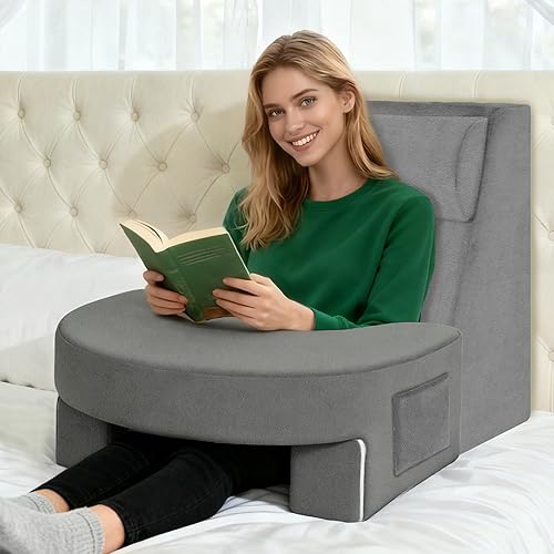 Juego de 3 almohadas de lectura para adultos, soporte ergonómico para espaldacuello con brazos y bolsillos, espuma de alta densidad 26D para cama,