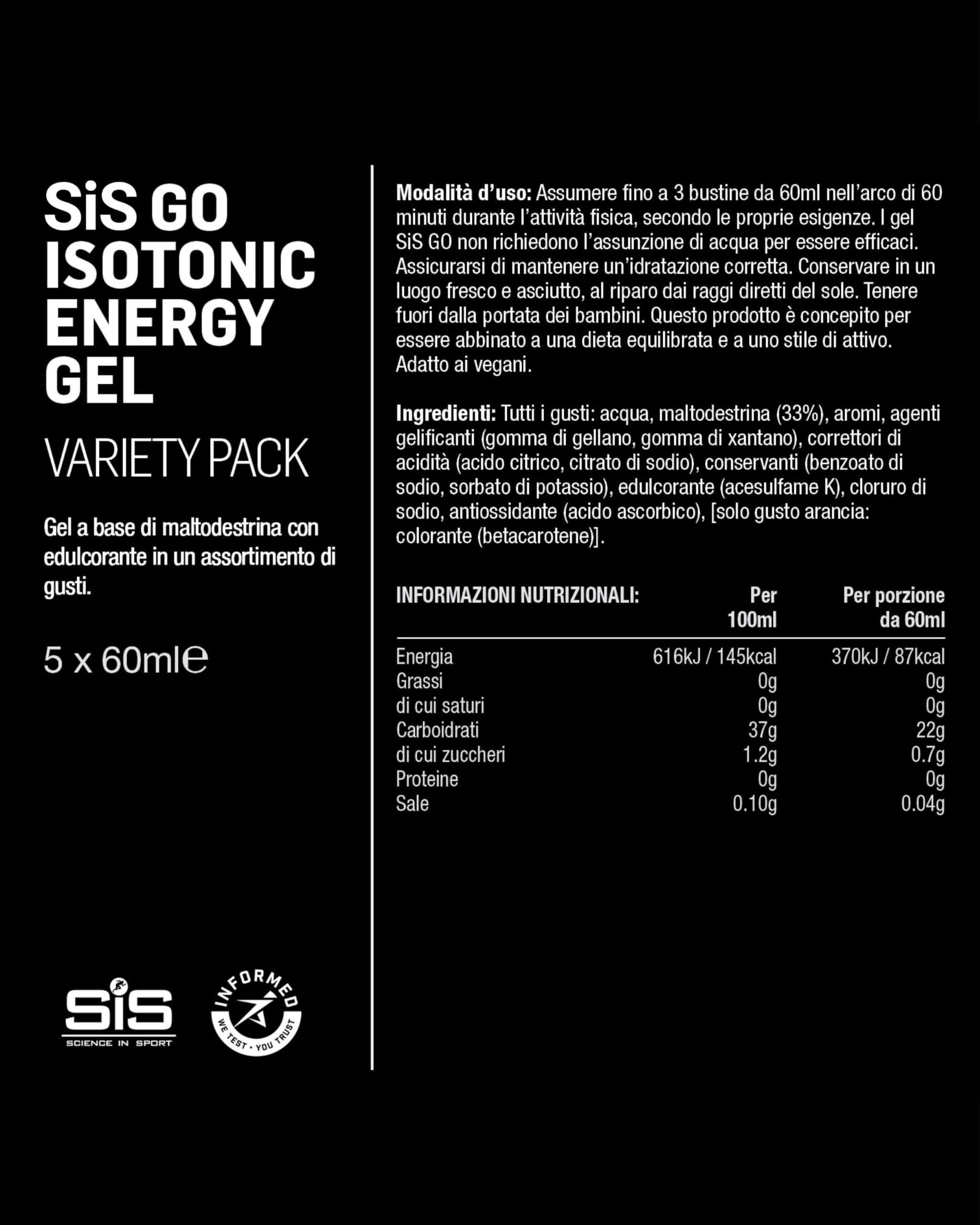 Science in Sport GO Energy Gel 5 x 60ml Vegano - Gel energetico isotonico con 22g di carboidrati, Ottimo fornitore di energia, Alternativa ottimale alle bevande isotoniche