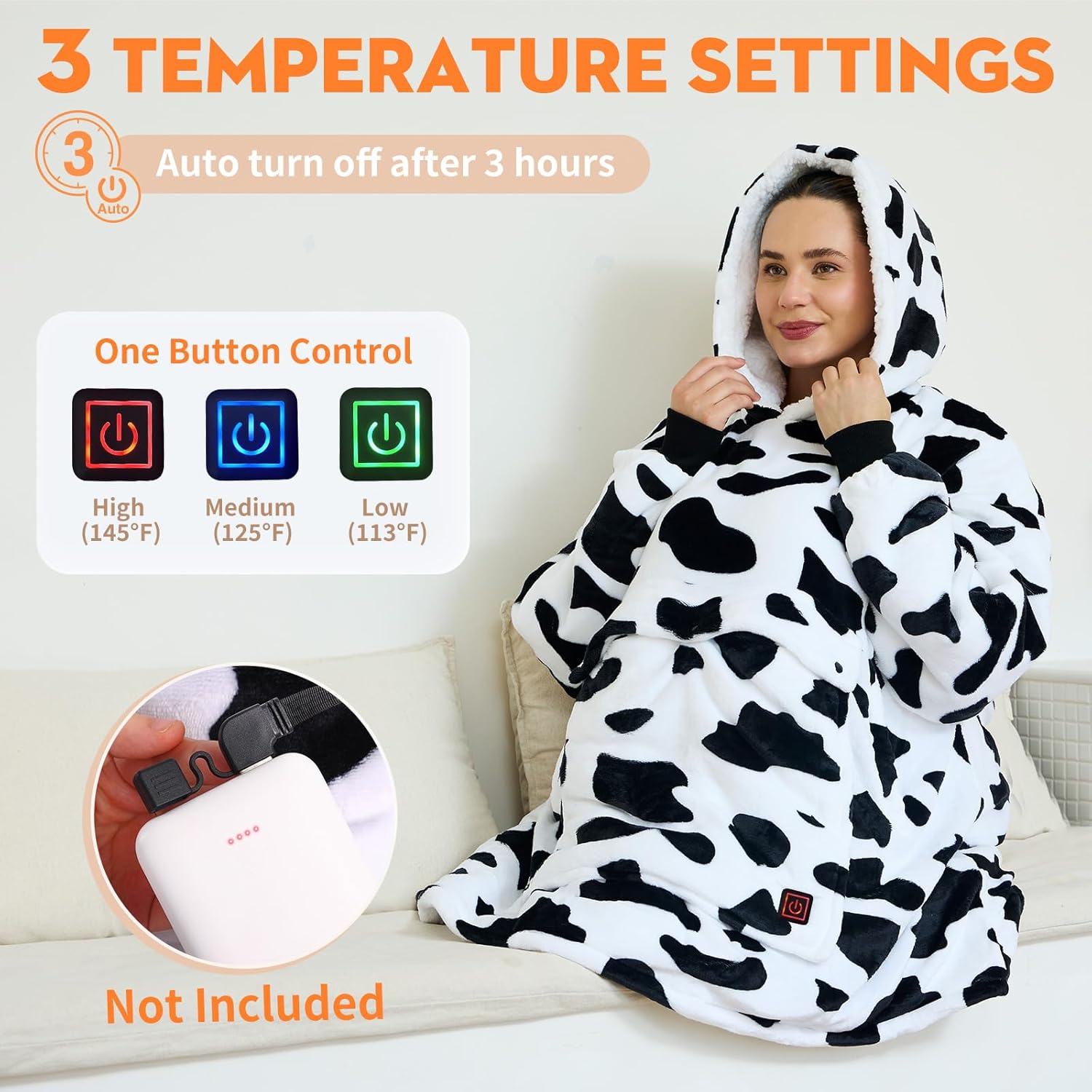 Heated Wearable Blanket Hoodie, 3 Heat Level USB Heated Hooded Blanket, Overheat Protection Cozy Heated Hoodie Blanket Sweatshirt w/Giant Pocket and Sleeves for Christmas Outdoor(No Battery) - Image 2
