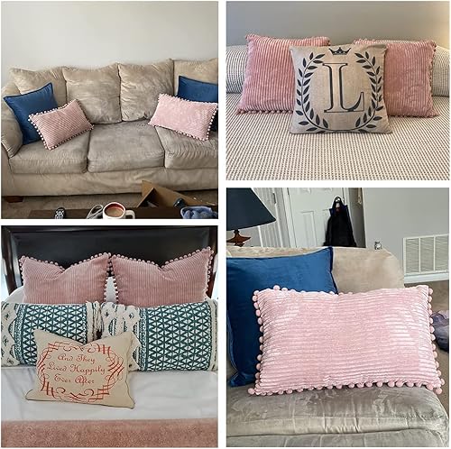 Vista 229 de Fancy Homi - Paquete de 2 fundas decorativas color gris oscuro para cojines, fundas rectangulares de pana suave y con pompones, estilo bohemio