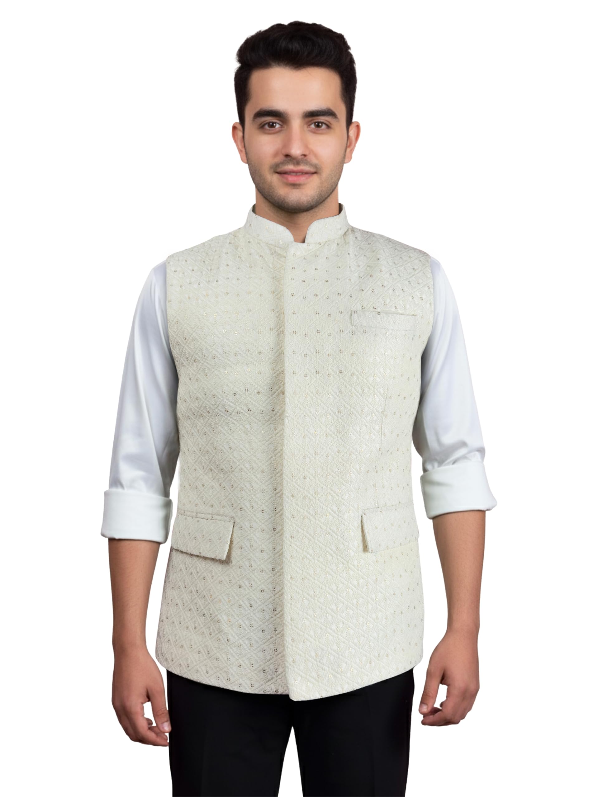 Men's Cream Kia Silk Embroidered Nehru Jacket - Wedding Party Ethnic Wear-image-28