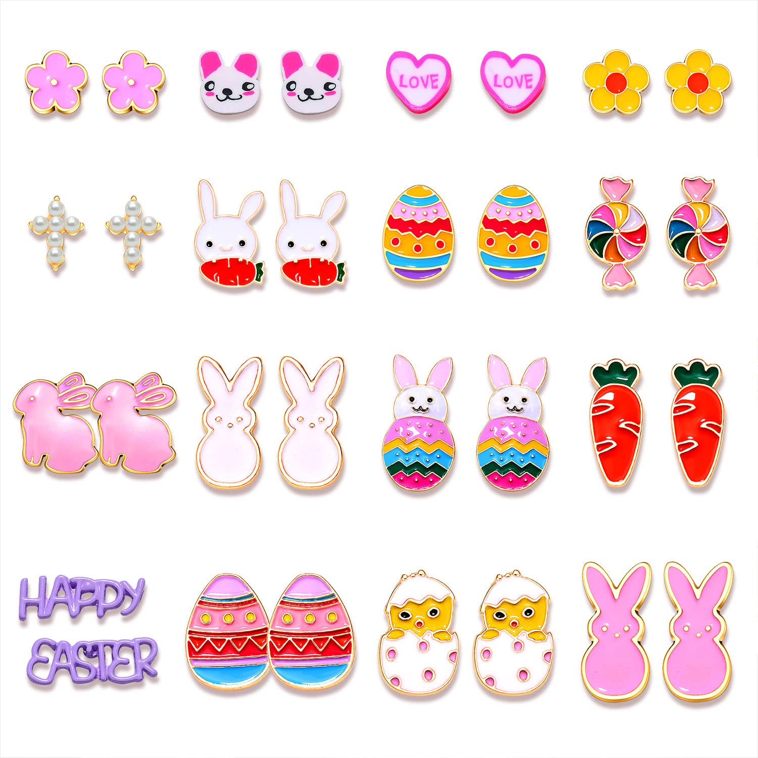 8-16 Pairs Easter Stud Earrings for Women, Easter Egg Bunny Earrings Clay Carrot Flower Rabbit Stud Earrings Spring Holiday Gifts