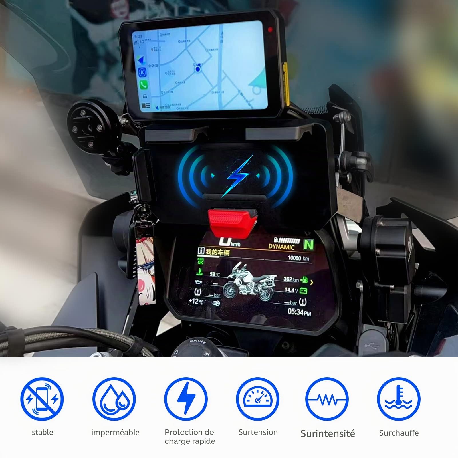 Shkalacar Support de téléphone portable pour moto, support de charge sans fil avec deux ports USB, remplacement pour BMW (nouvelle mise à niveau)
