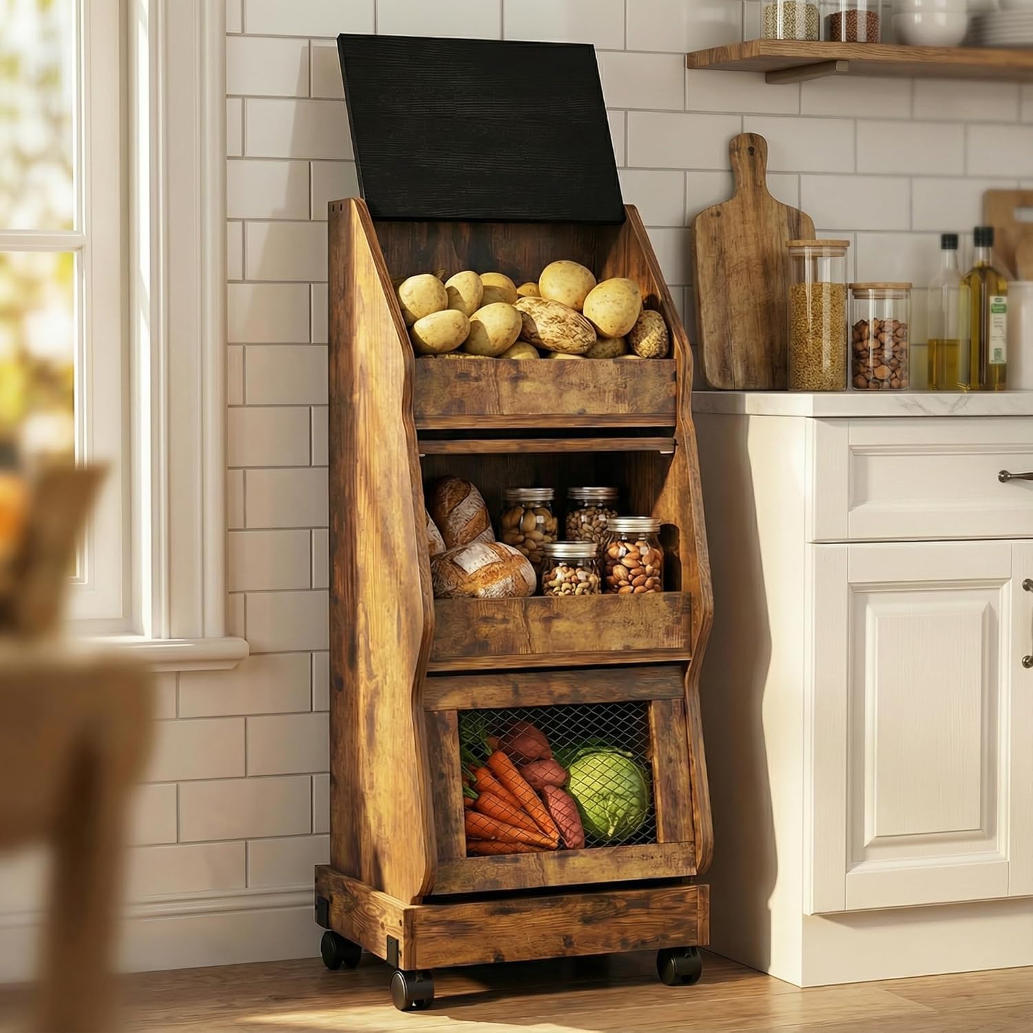YU YUSING Garde Manger Grillagé Fruits Légumes XXL-3 Étagères avec Roulettes, Rangement Pomme de Terre Cuisine, Boîte à Pain Mobile en Bois avec Couvercle, Chariot Stockage, Fromage, Marron Rustique