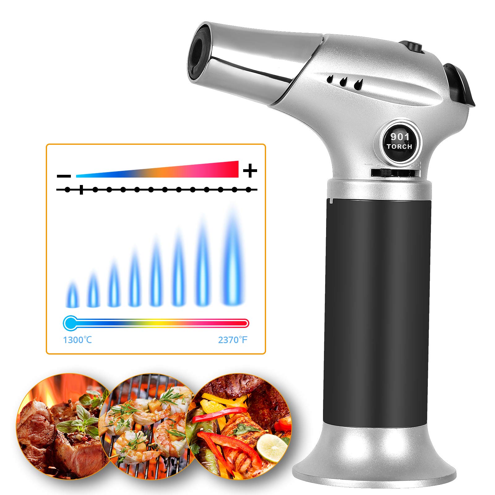 Semlos Butane Torch S-901, Refillable Blow Torches with One-handed Operation, Safety Lock, Adjustable Flame, Fit All Butane Tanks Kitchen Culinary Torch for Cooking, Baking, Creme Brulee