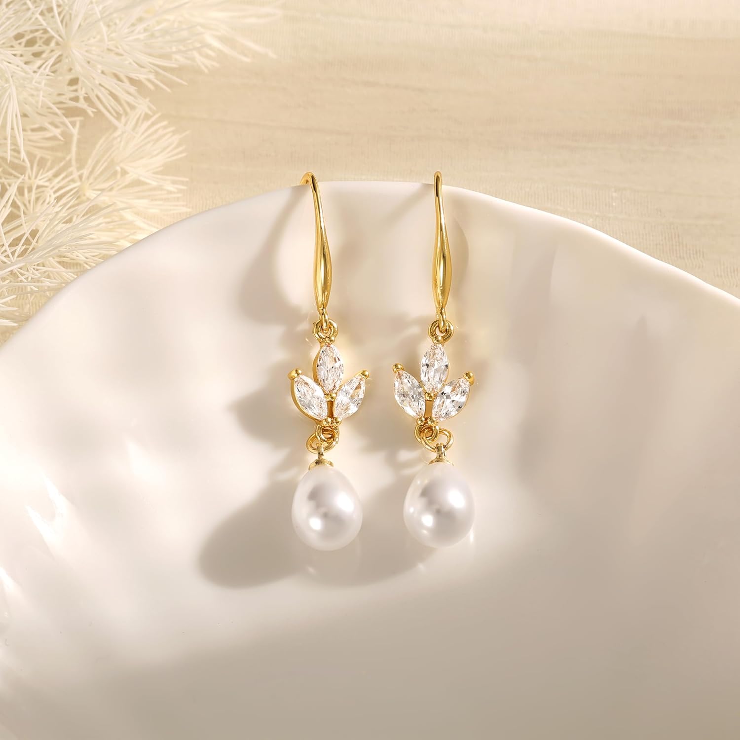 Gold Plated Freshwater Pearl Dainty Earrings for Women Dangle Formal 14K Plated Drop Heart Earrings Prom Wedding Long Hypoallergenic Trendy Jewelry Gifts - Image 6