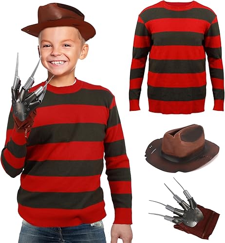 Disfraz de Freddy para niños, suéter, sombrero, guante, rayado, Krueger, Halloween, cosplay, traje para niños de 3 a 14 años